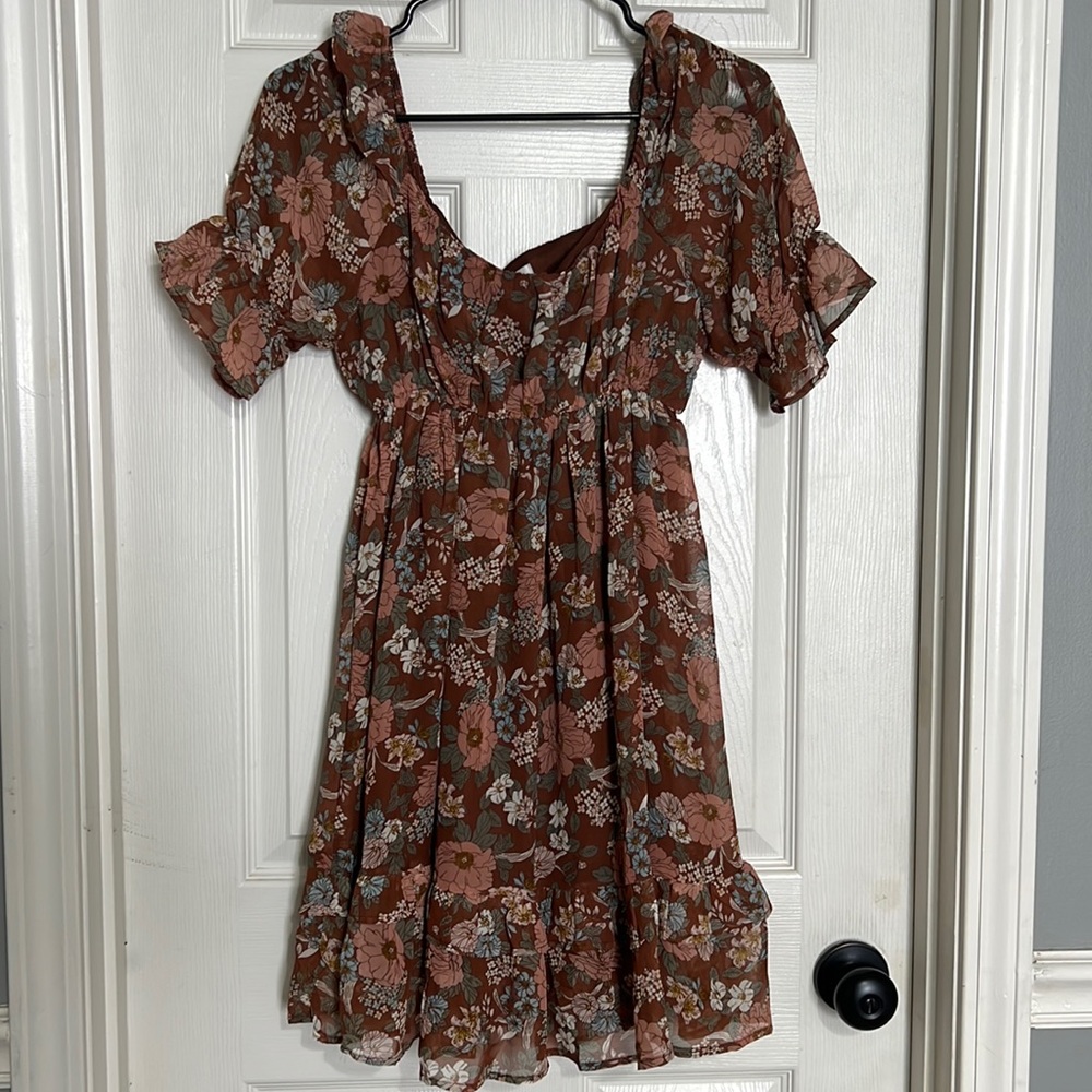 Mid-thigh-length floral dress. Perfect for baby or bridal showers!